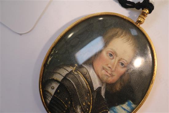 19th century English School Portrait of a gentleman in armour 2 x 1.75in., gilt metal frame